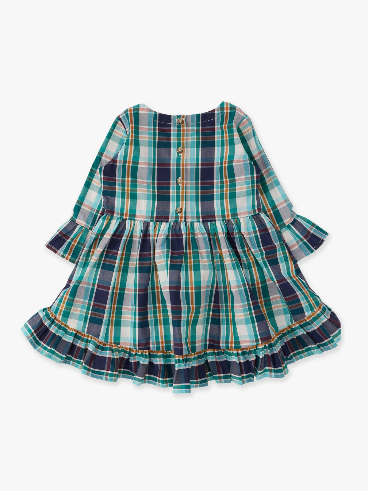 A toddler girl's long-sleeve plaid dress with a ruffled hem and button-back closure, shown flat on a light gray background.