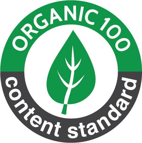 A green and grey logo reading 'organic 100 content standard' against a white background