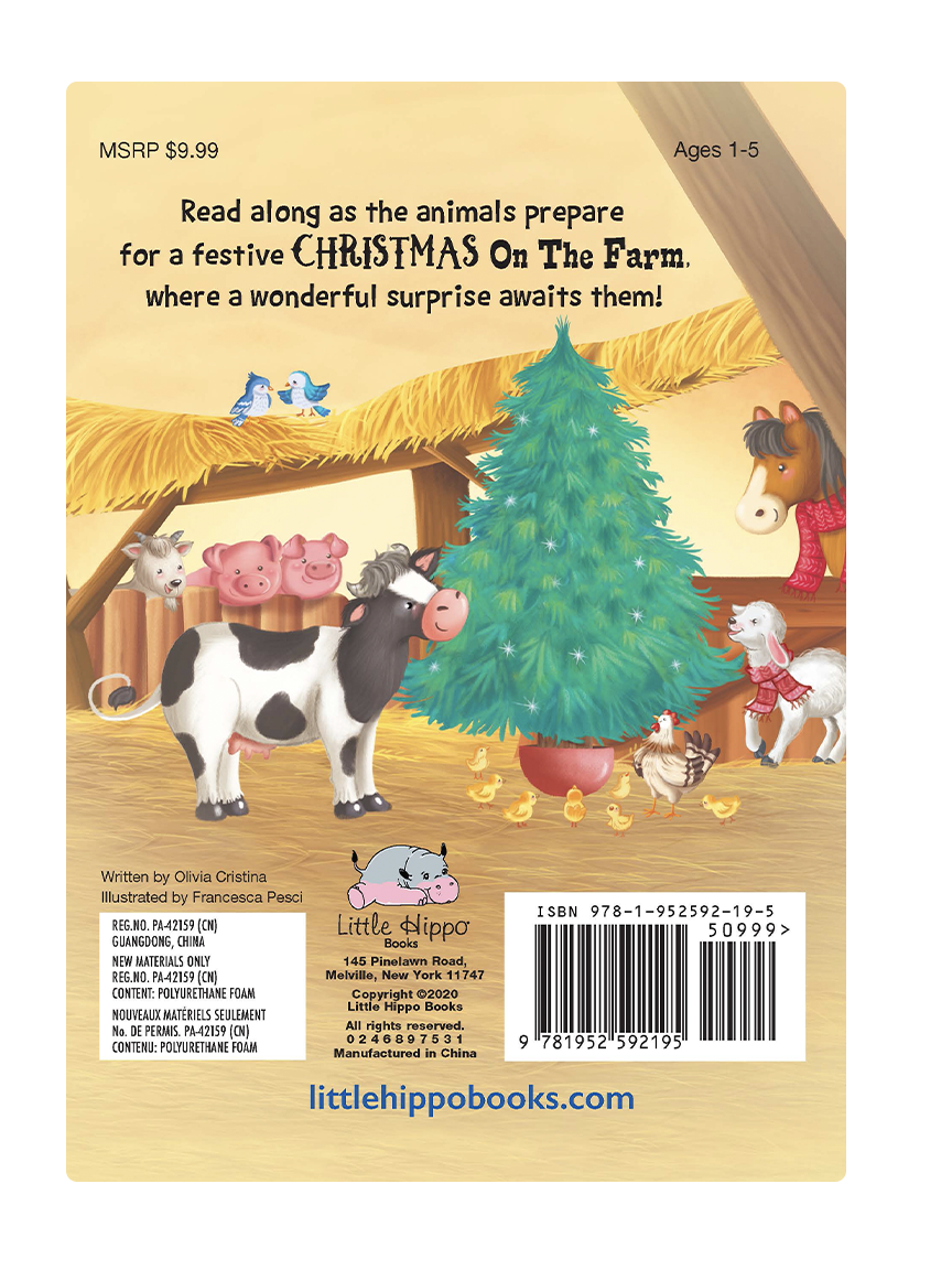Back cover of a children's book with farm animals and a Christmas tree, featuring text and a barcode.