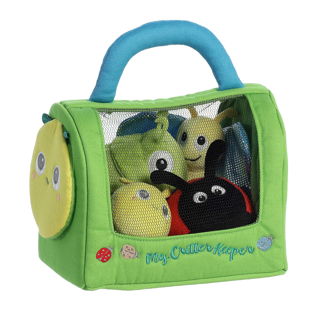Green toy carrier with colorful insect toys inside on a white background