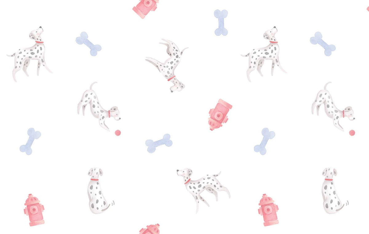 Dalmation dog print with dogs, bones, and a red fire hydrant.