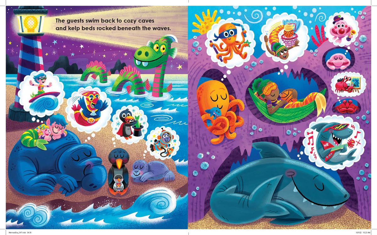Illustrated children's book page with sea creatures and a lighthouse.
