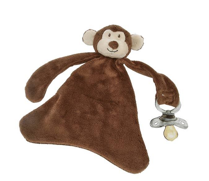 A brown plush monkey comforter with a matching blanket and an attached silver pacifier clip, shown on a plain white background.