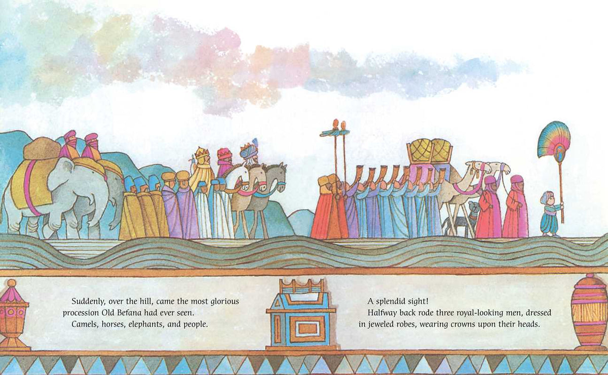 A colorful children's book illustration showing a caravan of camels, elephants, and people traveling under a pastel sky, with two text boxes at the bottom containing descriptive narration.