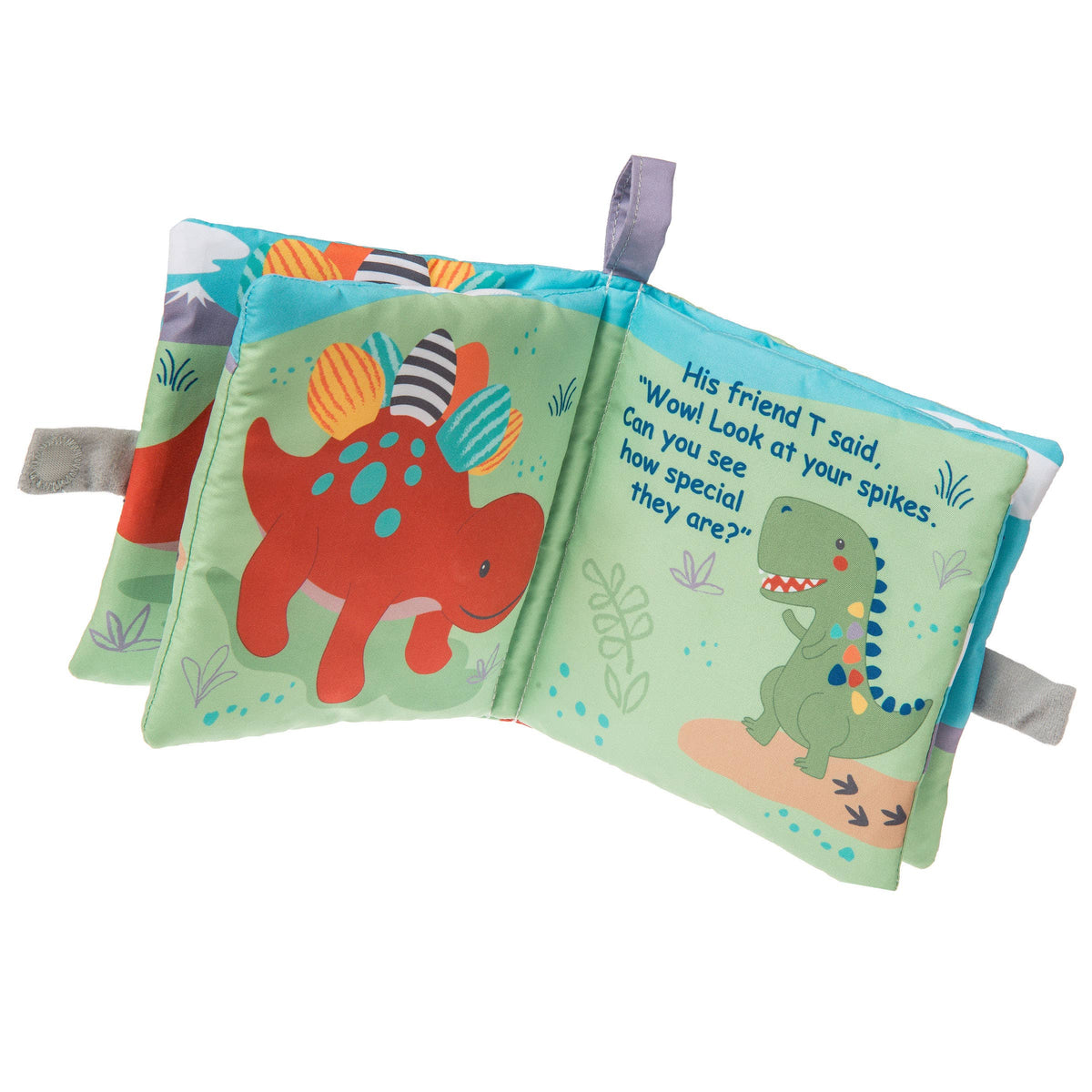 Children's book with dinosaur illustrations on a white background