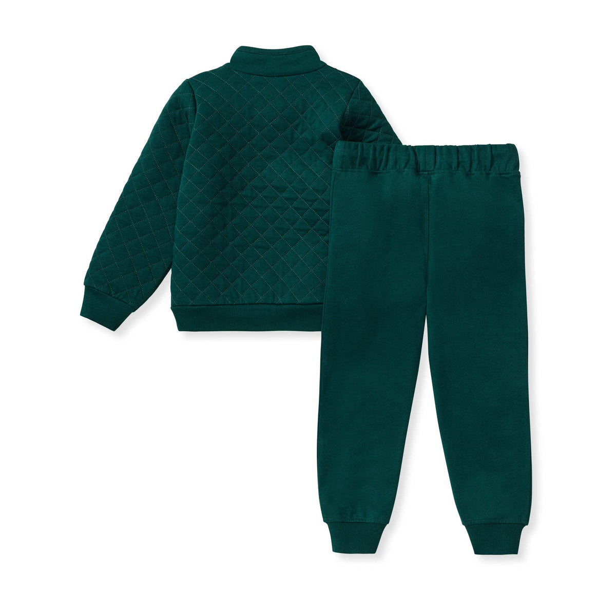 Green quilted quarter zip jogger set as seen from the back against a white background.