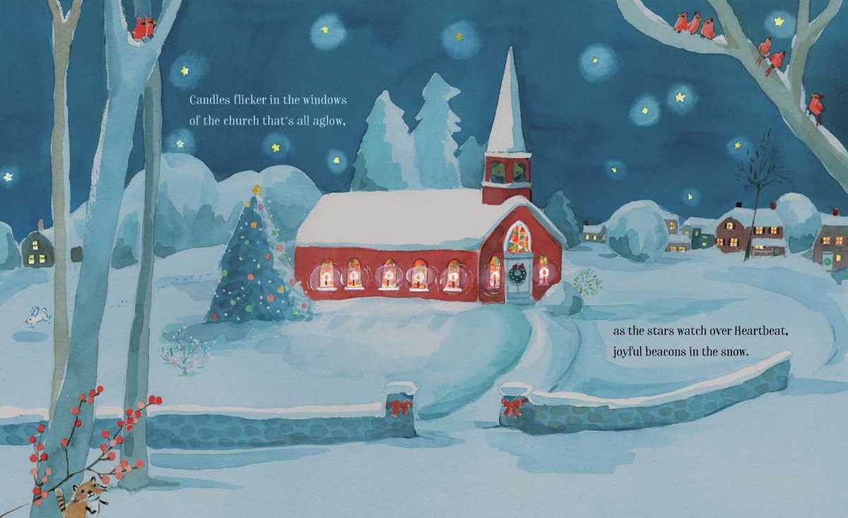 Illustration of a church sitting quietly in the snow with a large pine tree next to it.