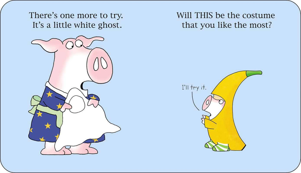 A cartoon comic-style panel with a pink pig character trying on costumes. On the left, the pig wears a white ghost costume and holds a small blue-and-yellow starry bag.