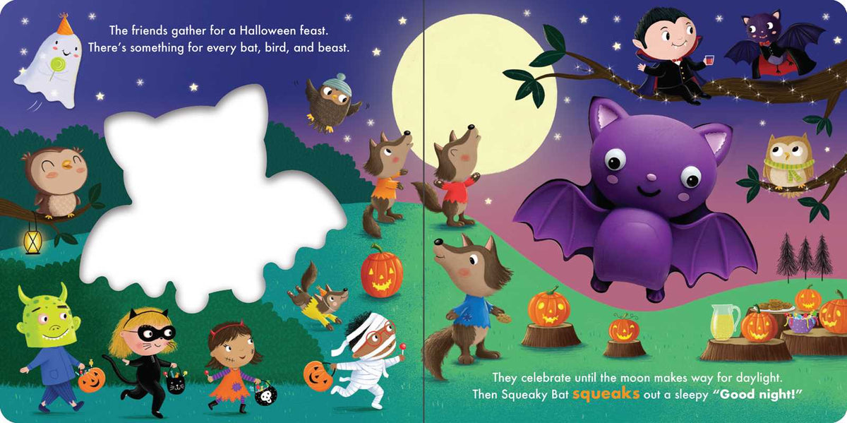 A children's book spread showing a Halloween-themed illustration with a large white cat-shaped cutout in the center. The page includes text and multiple cartoon animals dressed in costumes, including a purple bat, owl, cat, mouse, frog, and a child in a witch outfit, set against a night sky with a full moon.