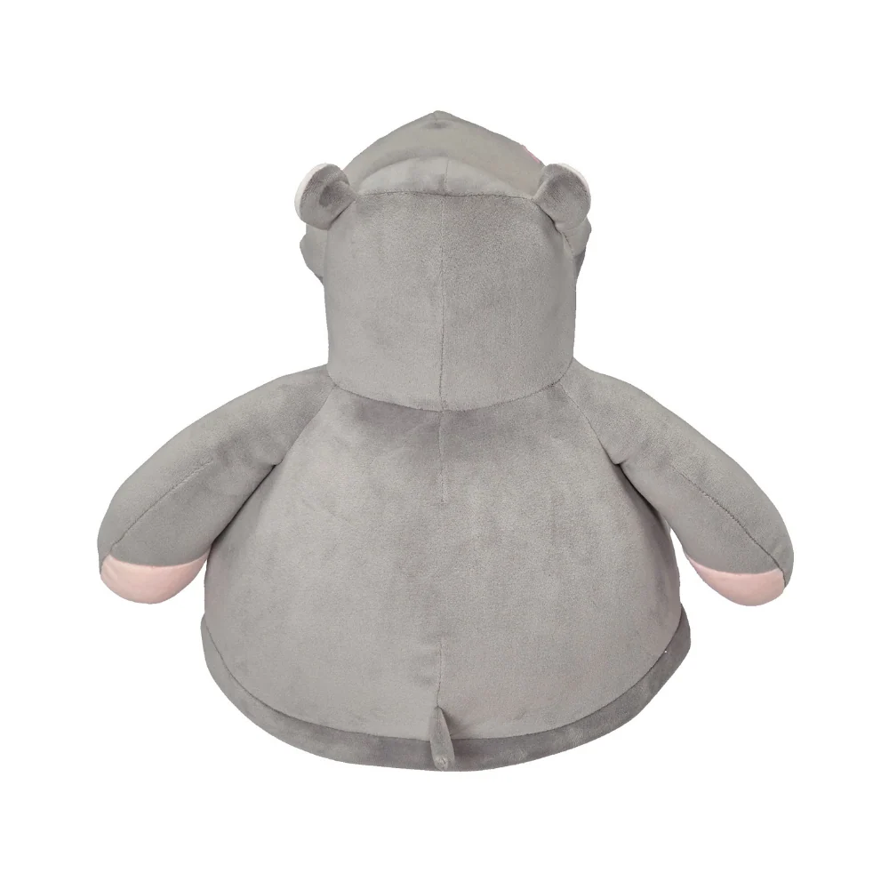 A grey hippo plush faces away from view with a small tail against a white background