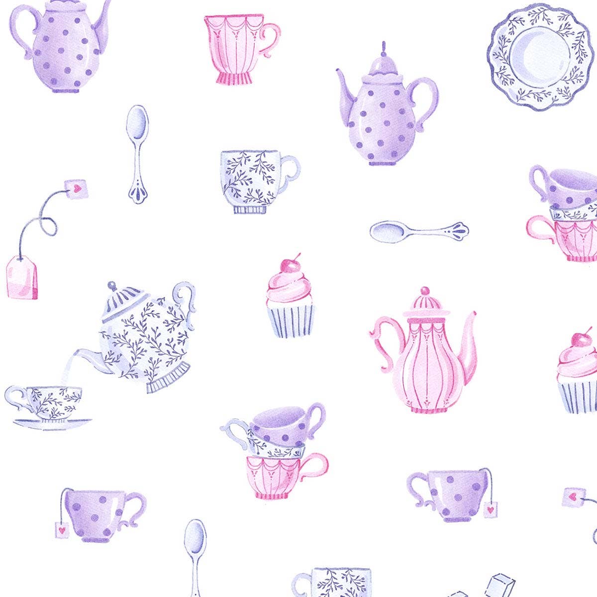 Tea party print including teapots, tea cups, tea saucers, and tea spoons.