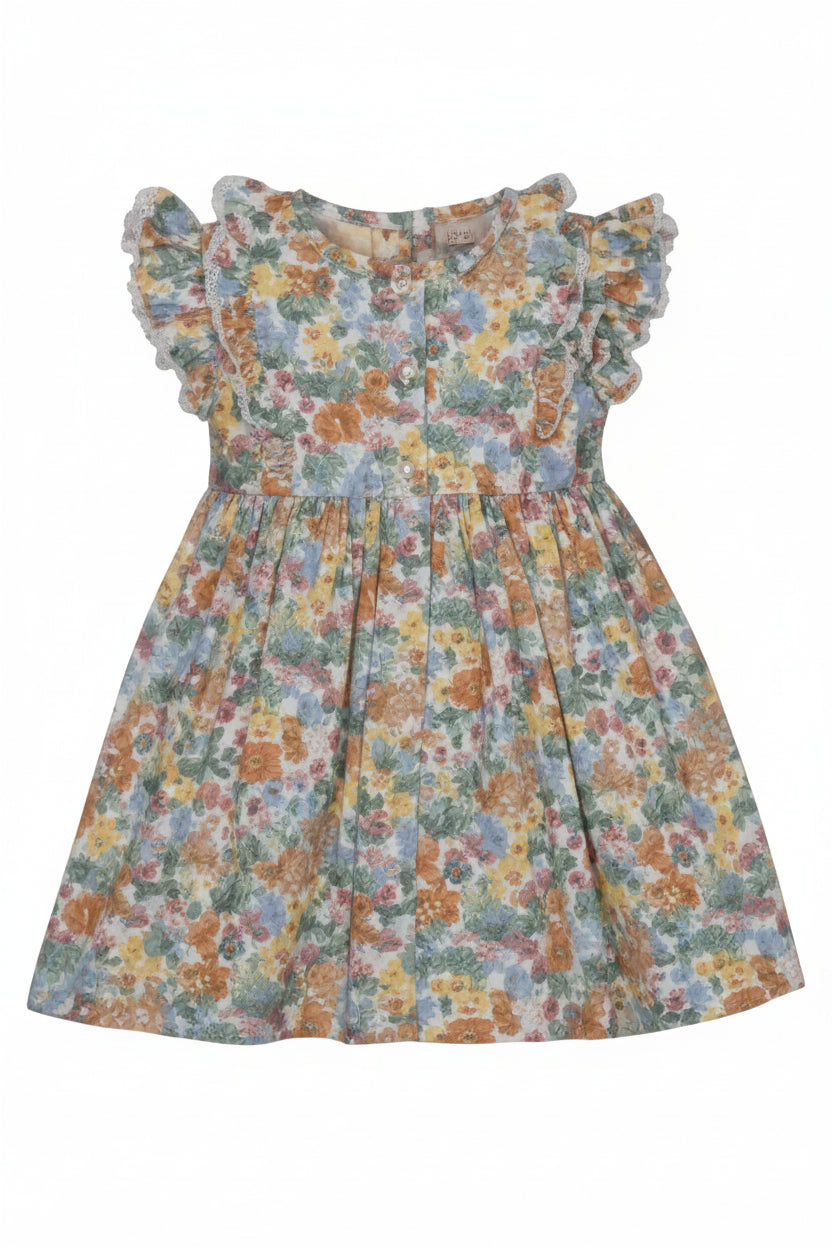 Floral dress with ruffled sleeves on a plain background
