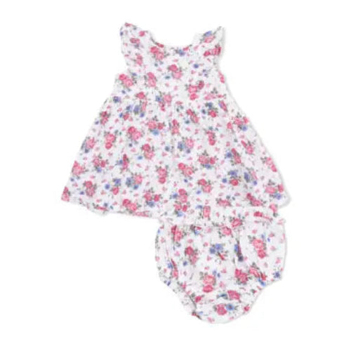 A baby girl's two-piece outfit set featuring a sleeveless smocked dress and matching smocked bloomers, both decorated with a pink and blue floral pattern on a white background.