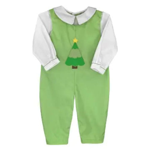 Green baby romper with a tree design on a white background