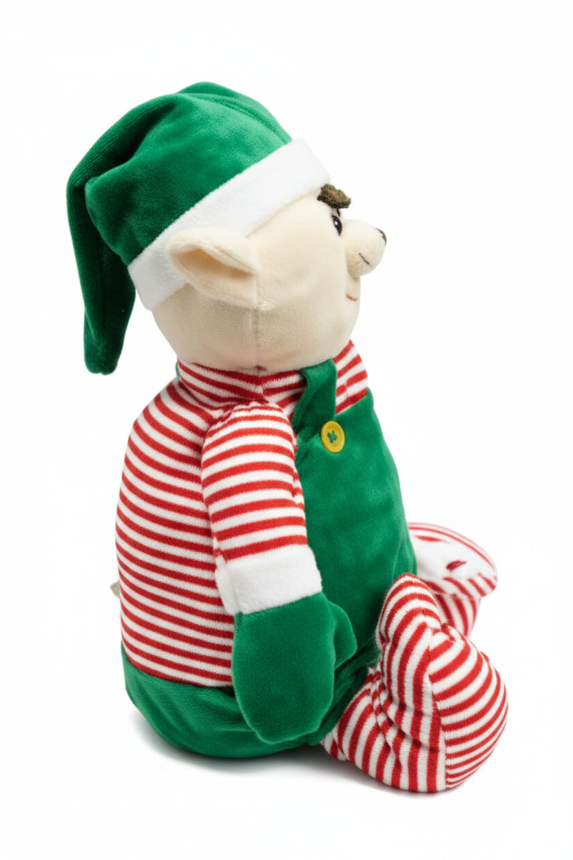 Small plush toy with a green hat and striped scarf, sitting on a white background