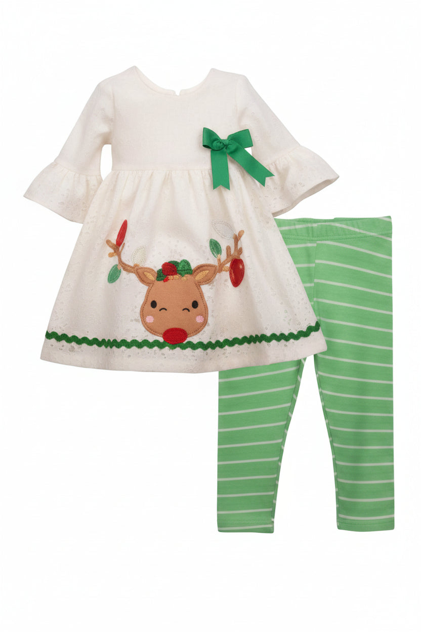 Children's outfit with reindeer design on a white background