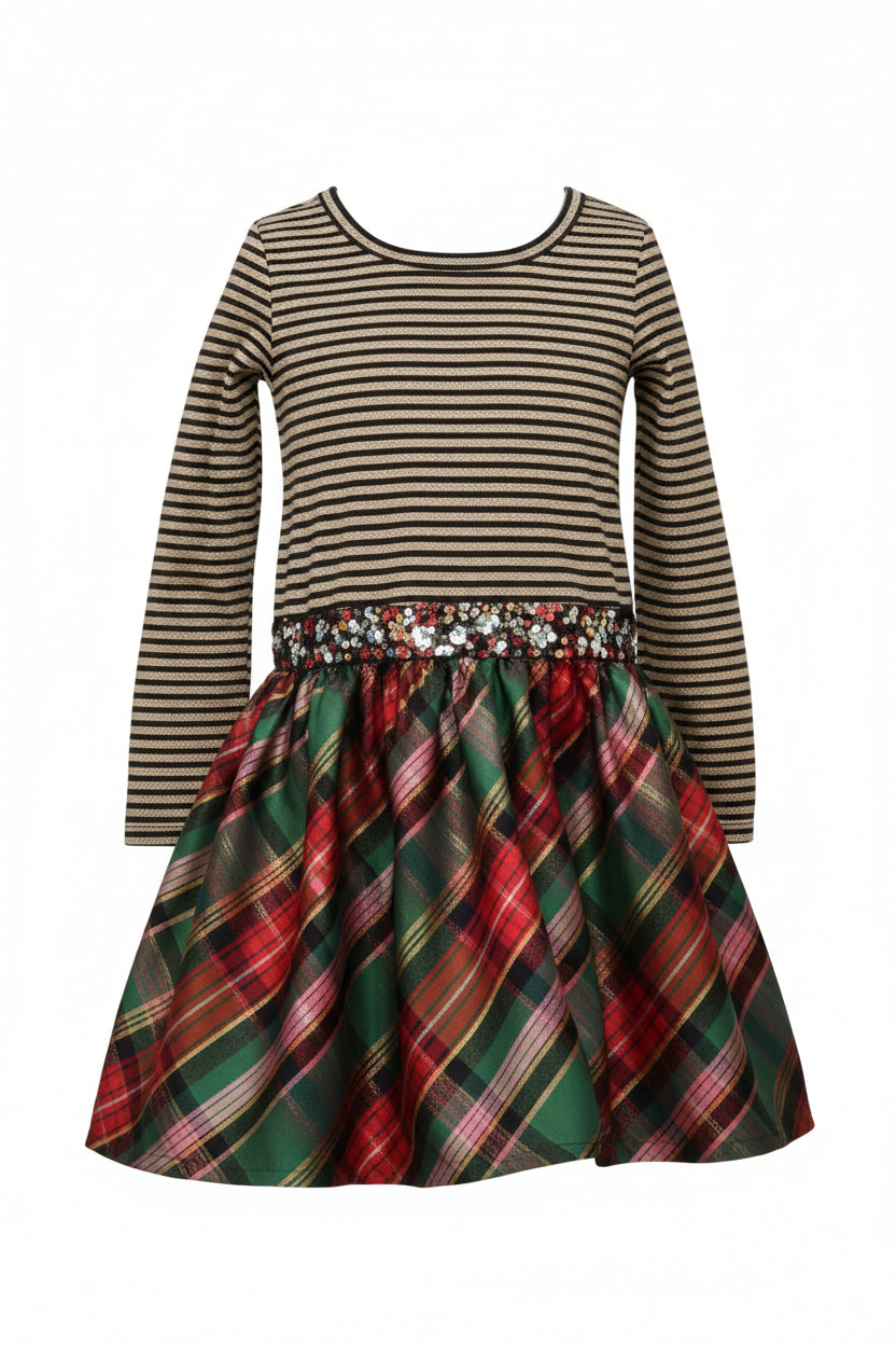 Children's dress with striped long-sleeve top and plaid skirt