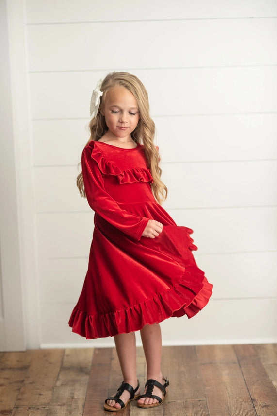 Red Velvet Ruffle Dress
