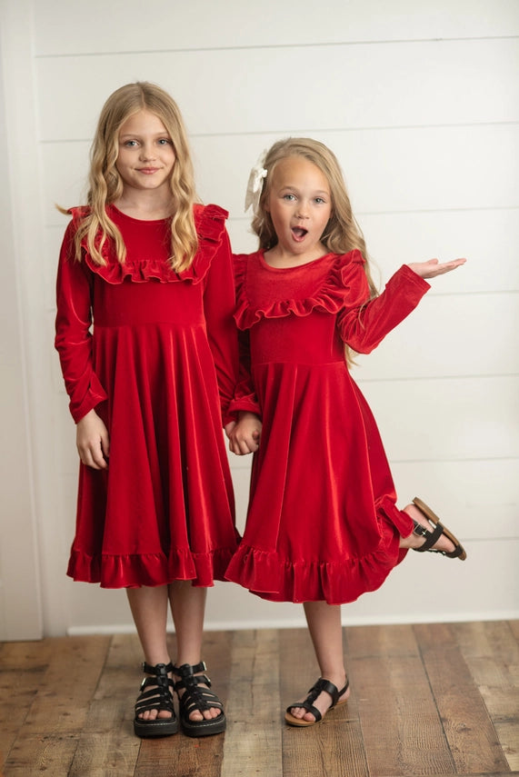 Red Velvet Ruffle Dress
