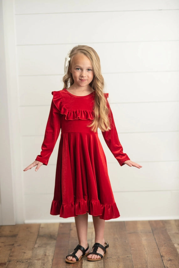 Red Velvet Ruffle Dress