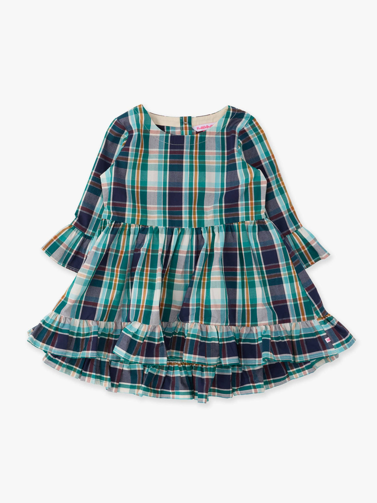 A toddler girl's long-sleeve plaid dress with a ruffled hem, featuring a pattern of teal, navy, green, and yellow on a white base, shown flat against a light gray background.