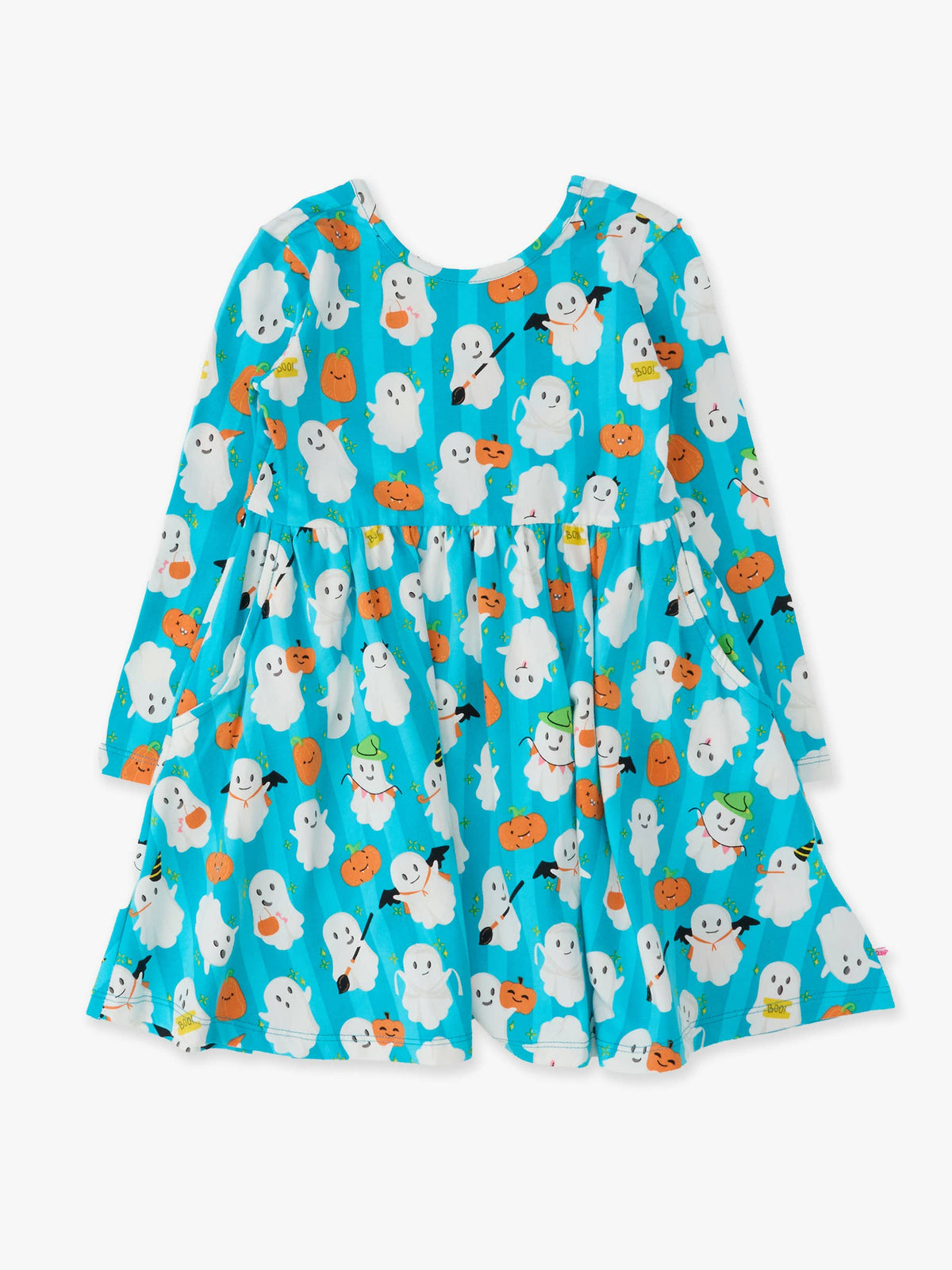 A long sleeve aqua dress decorated with ghosts and pumpkins