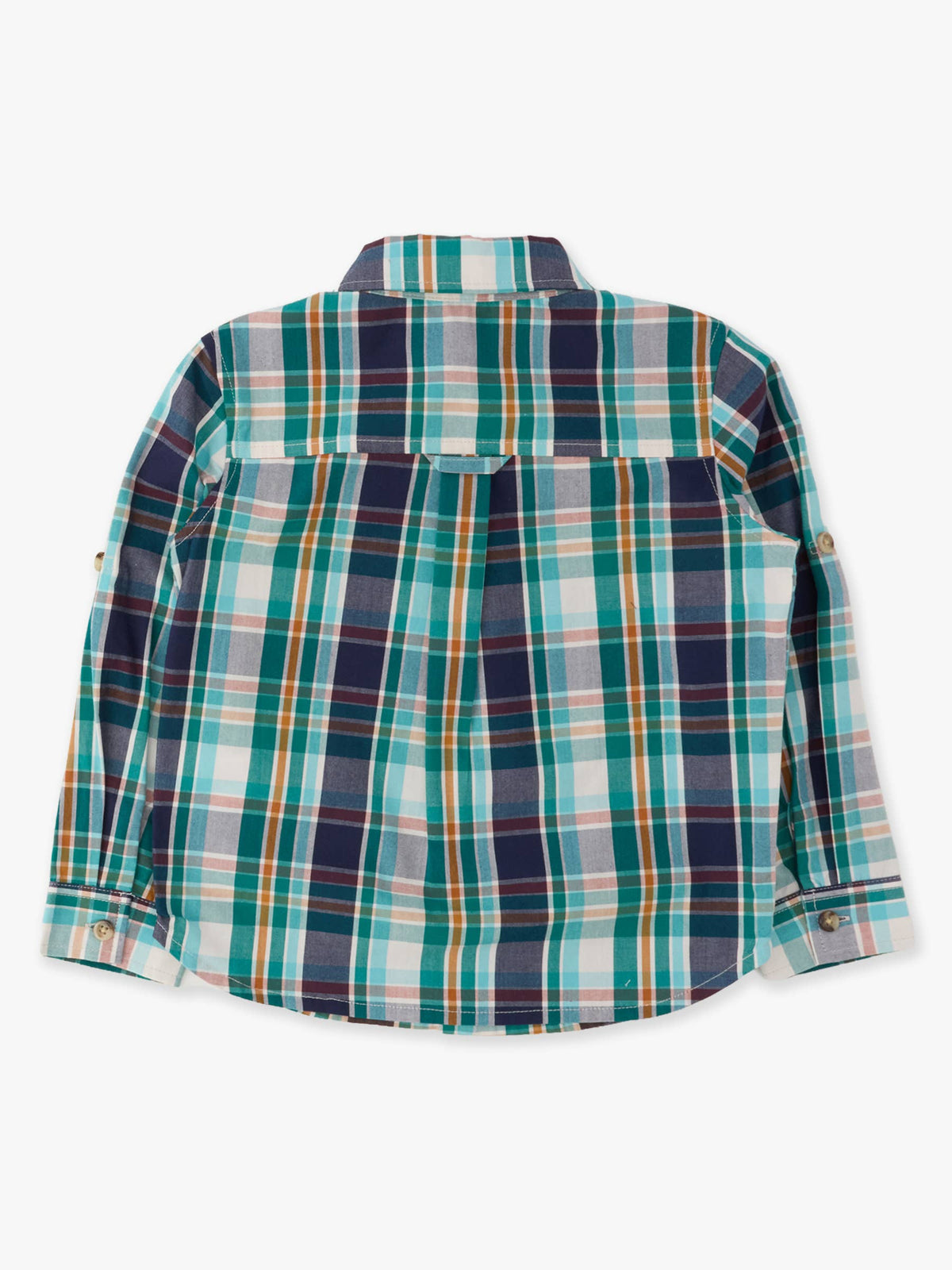 A long-sleeve plaid button-up shirt shown from the back, featuring a pattern of teal green, navy blue, white, and thin orange stripes on a light gray background.