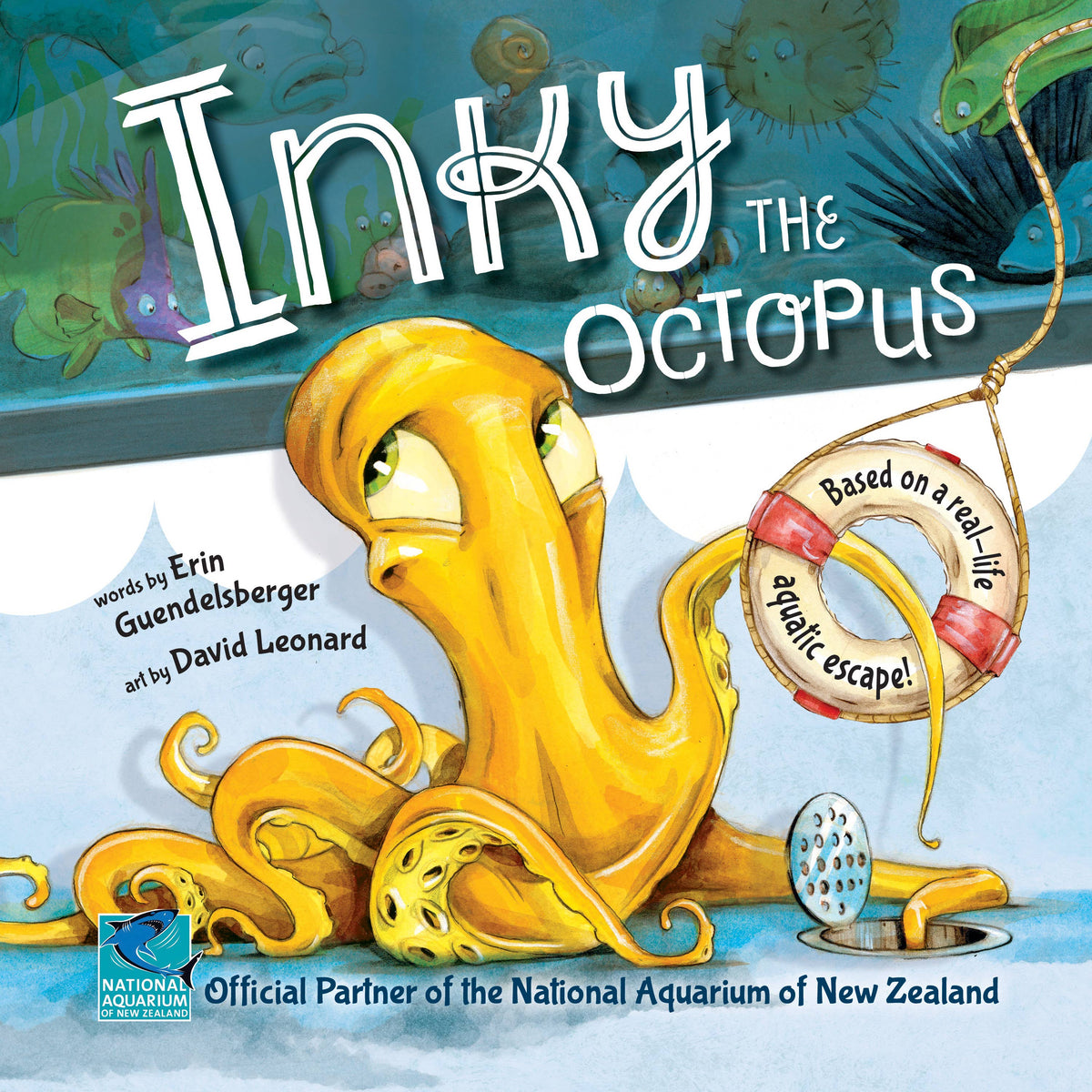 Book cover of 'Inky the Octopus' with an illustration of an octopus and text about the National Aquarium of New Zealand.