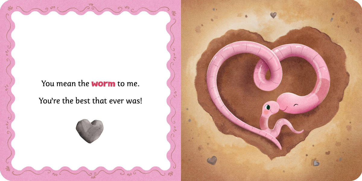 Card with a pink worm and heart on a brown background, accompanied by text.