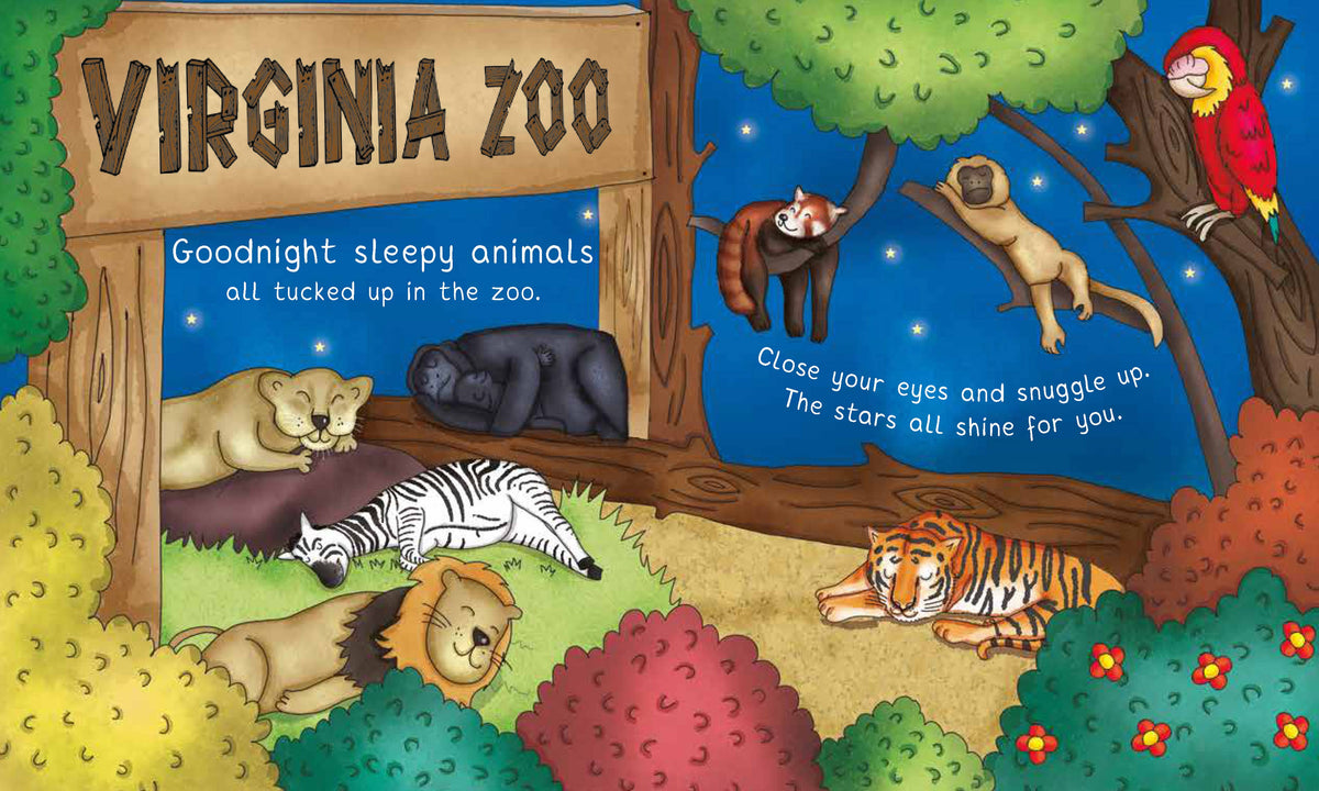 Illustration of a children's book cover with animals and a sign for the Virginia Zoo.