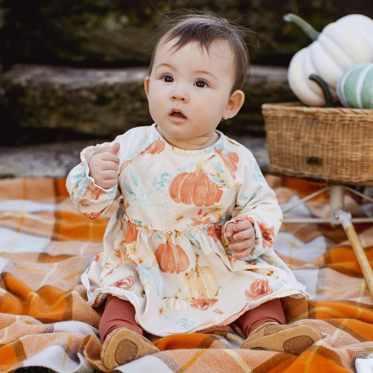 Baby wearing a pumpkin-patterned outfit sitting on a checkered blanket with pumpkins in the background.