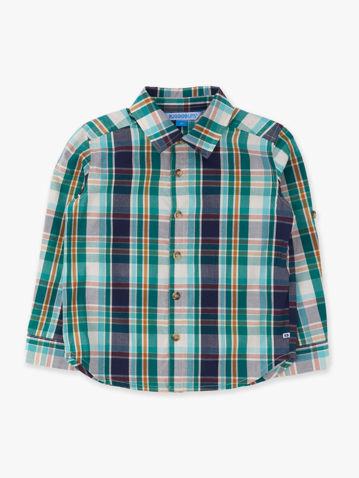 A long-sleeve children's button-up shirt with a green, navy, and orange plaid pattern, displayed flat against a light gray background.