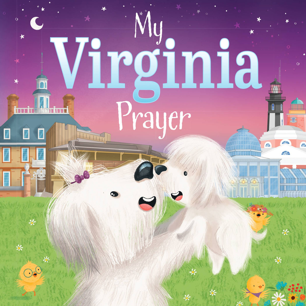Book cover of 'My Virginia Prayer' with two dogs and a lighthouse in the background.