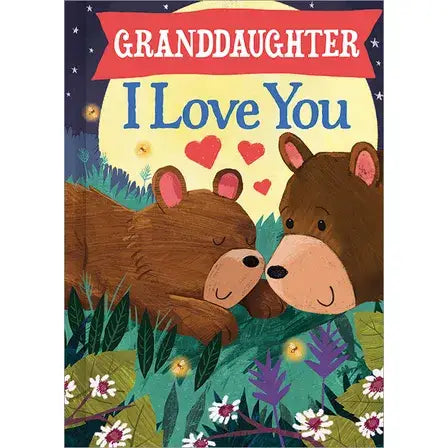 Book cover with two bears hugging and text 'Granddaughter I Love You' against a night sky with stars and flowers.