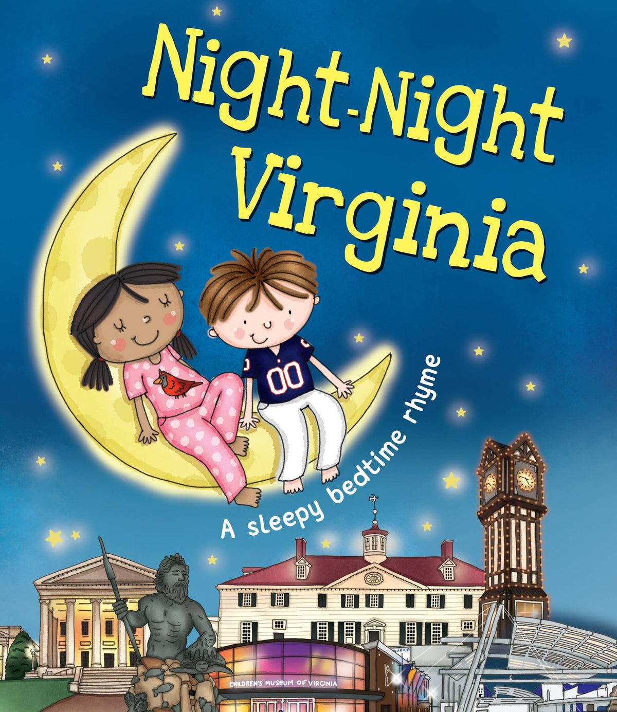 Book cover of 'Night-Night Virginia' with two children on a crescent moon and landmarks in the background.