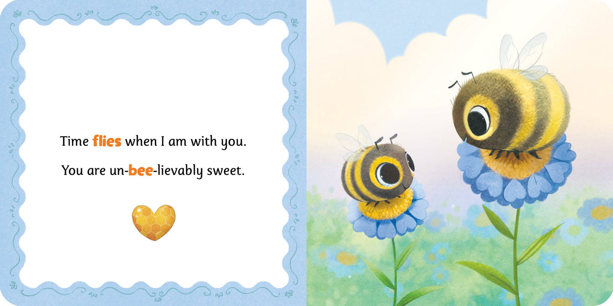 Two bees on flowers with a romantic message on a blue background
