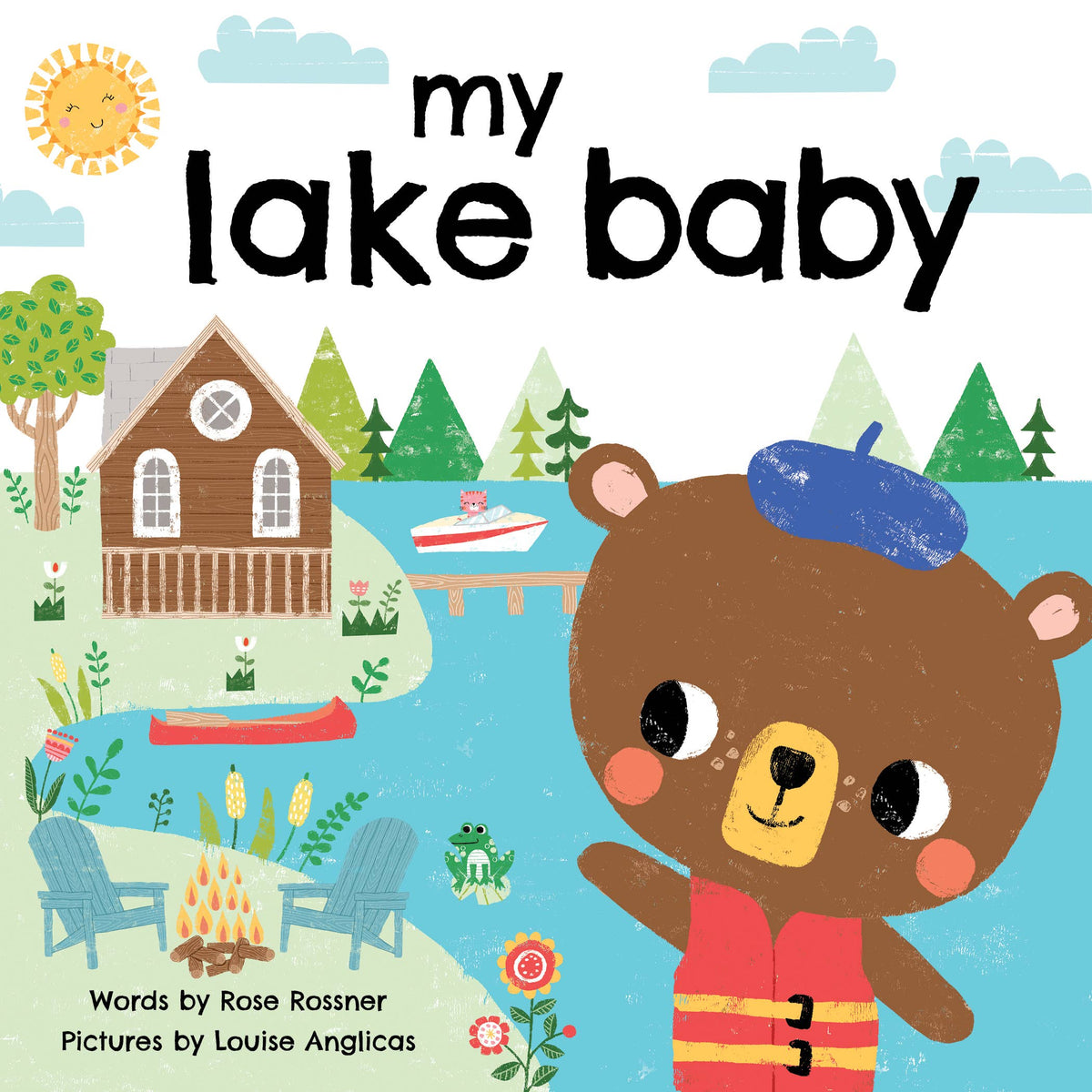 Children's book cover titled 'my lake baby' with a bear character and lake scene.