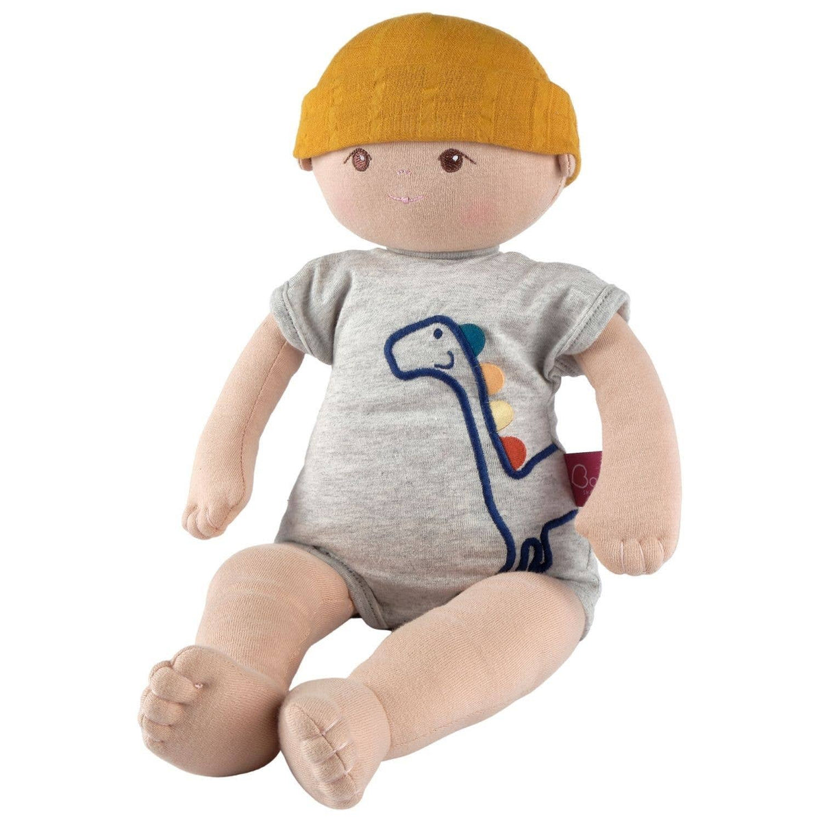 Toy doll with a yellow hat and gray outfit featuring a dinosaur design on a white background