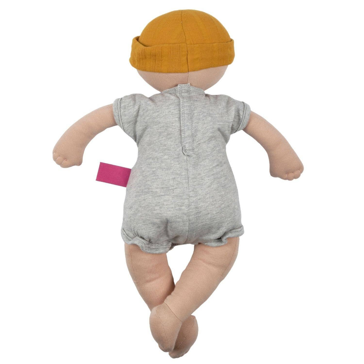 Baby doll with grey onesie and yellow cap seen from back view. 