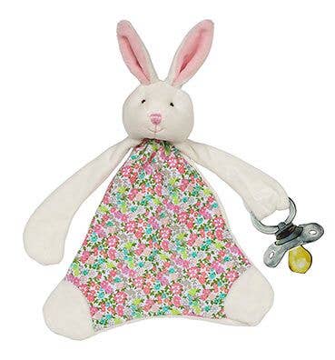 A plush bunny security blanket with a floral patterned body and a silver pacifier clip, shown on a plain white background.