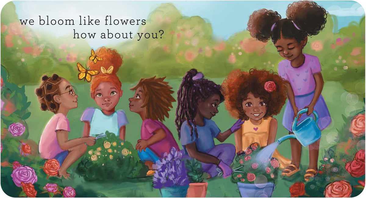 Illustration of children in a garden with flowers and text 'we bloom like flowers how about you?'