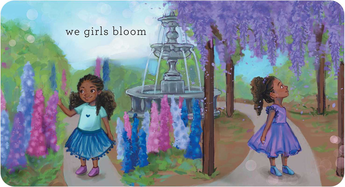 Illustration of two girls in a garden with flowers and a fountain, featuring the text 'we girls bloom'.