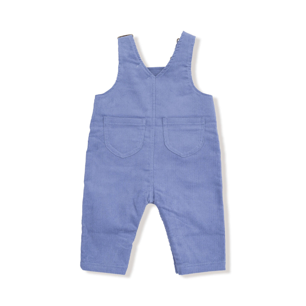 Back of a pair of blue stonewashed corduroy overalls on a white background