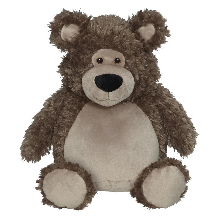 Plush bear with brown fuzzy fur, a black nose, and a light brown accents on its stomach and ears