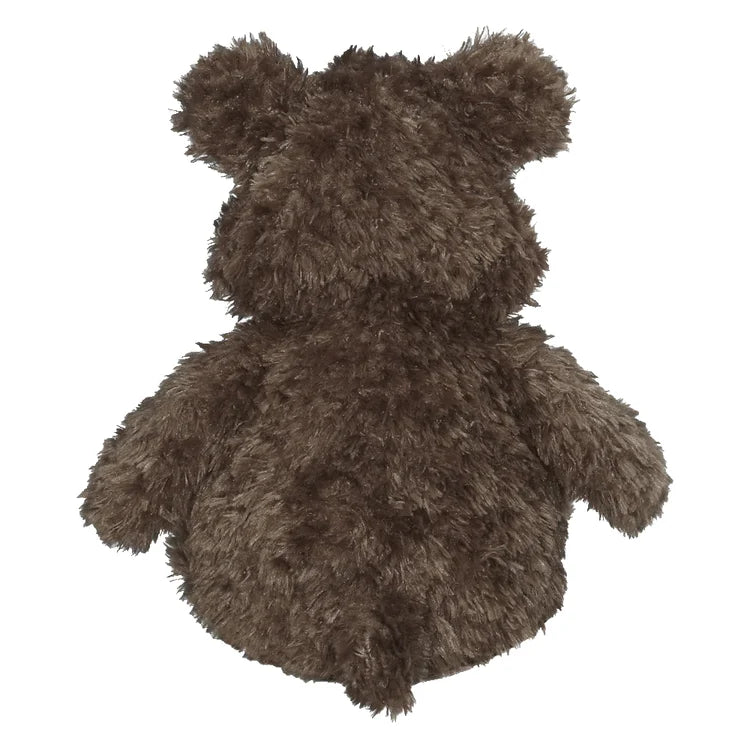 Back view of a fuzzy brown plush bear against a white background. 