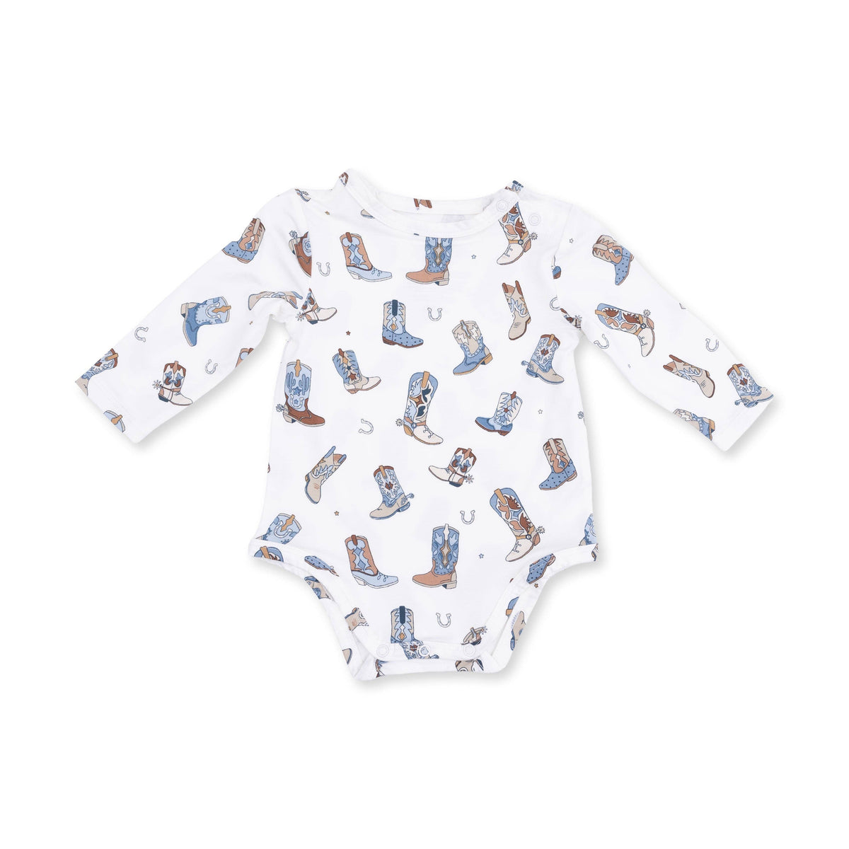 A white long-sleeve baby bodysuit featuring an all-over print of cowboy boots in shades of blue, brown, and beige, along with small horseshoe motifs.