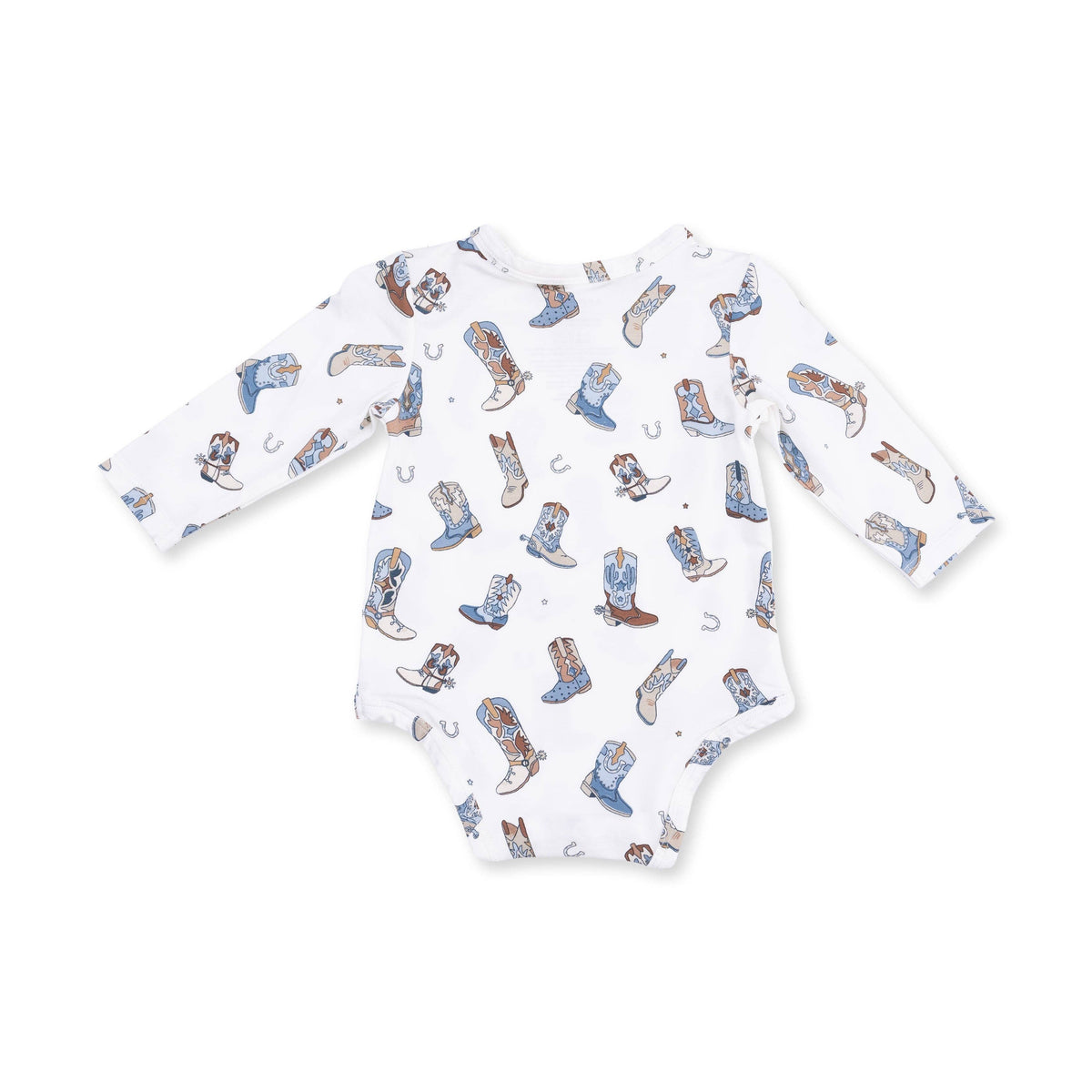 A white long-sleeve baby bodysuit featuring an all-over print of cowboy boots in shades of blue, brown, and beige, along with small horseshoe motifs, showing the back