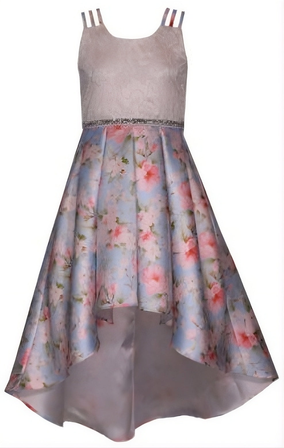 A sleeveless high-low dress with a textured white bodice and a flared skirt featuring a light blue and pink floral print, shown against a plain white background.