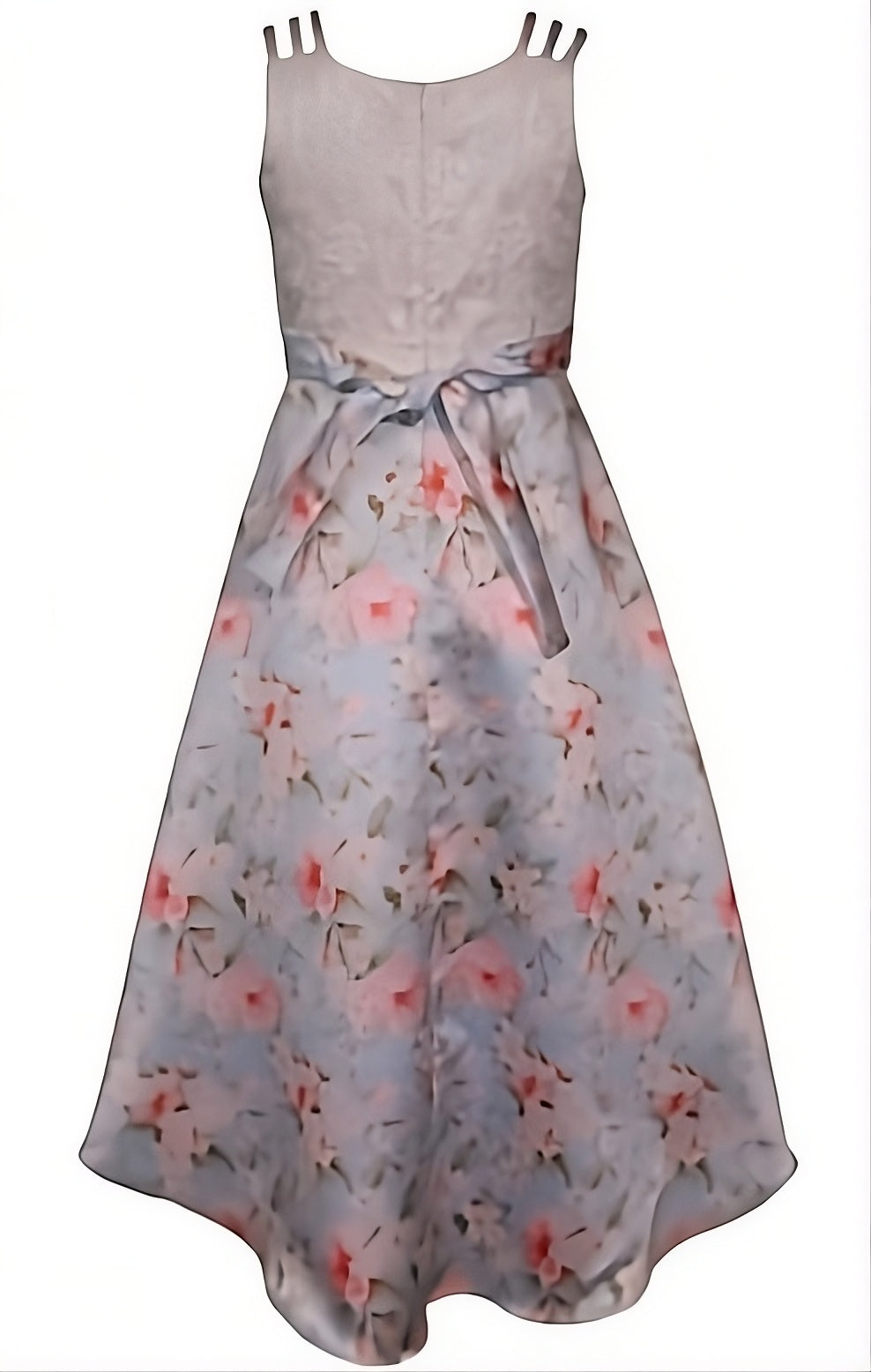 A sleeveless midi dress with a light bodice and a flowing skirt featuring a pink and white floral print on a pale blue-gray background. It has shoulder straps with small decorative details at the top and a matching fabric tie belt at the waist.