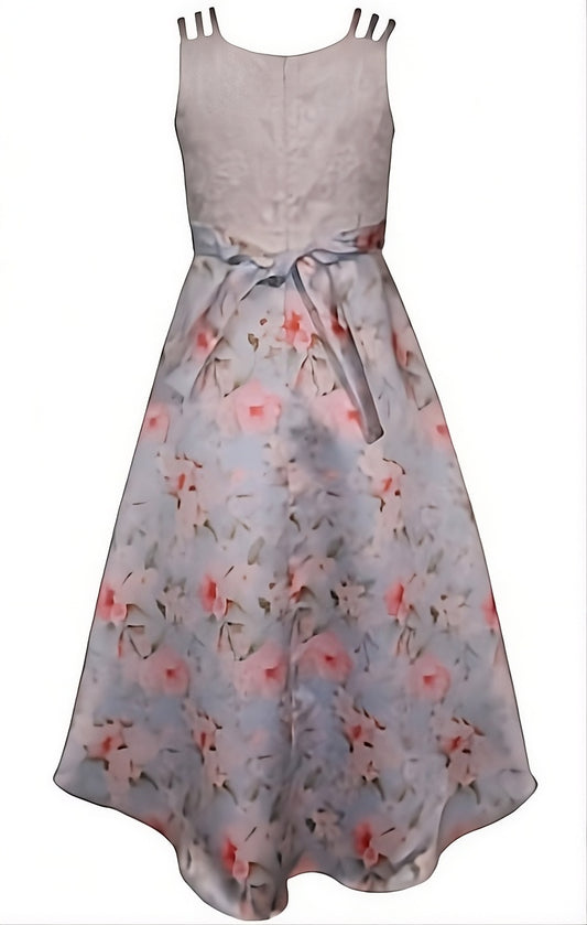 A sleeveless midi dress with a light bodice and a flowing skirt featuring a pink and white floral print on a pale blue-gray background. It has shoulder straps with small decorative details at the top and a matching fabric tie belt at the waist.